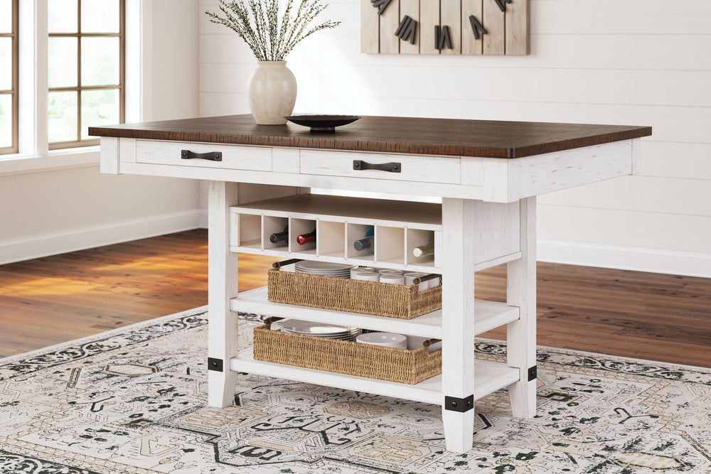 Valebeck - 5 Pc. - Counter Table With Wine Rack, 4 Swivel Stools - White / Brown - Roberts Furniture & Mattress (Yorktown, VA)