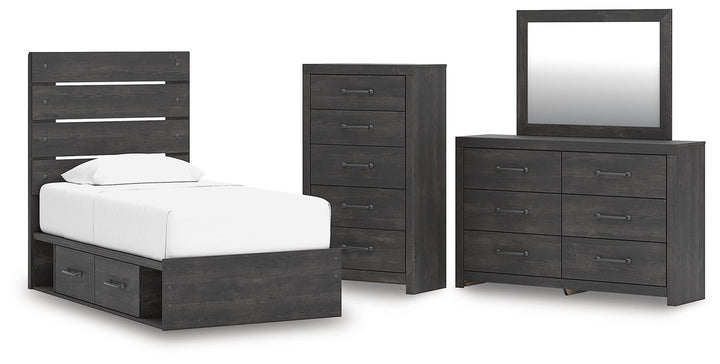 Hollivern - 4 Pc. - Twin Panel Storage Bed, Dresser, Mirror And Chest - Dark Gray