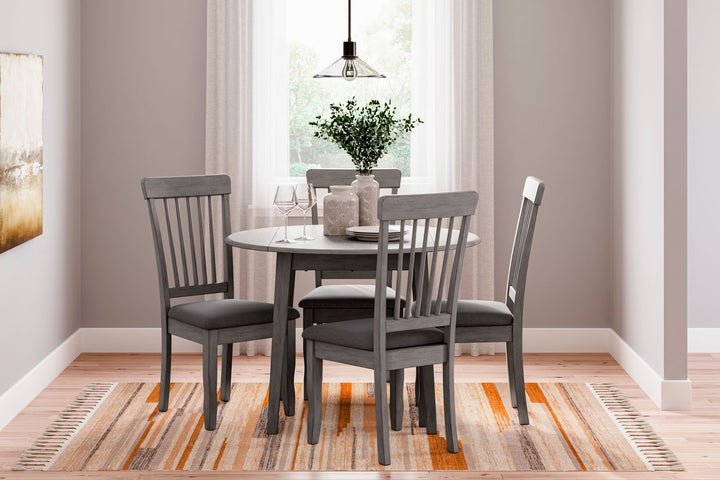 Shullden - 5 Pc. - Drop Leaf Table, 4 Side Chairs - Gray - Roberts Furniture & Mattress (Yorktown, VA)