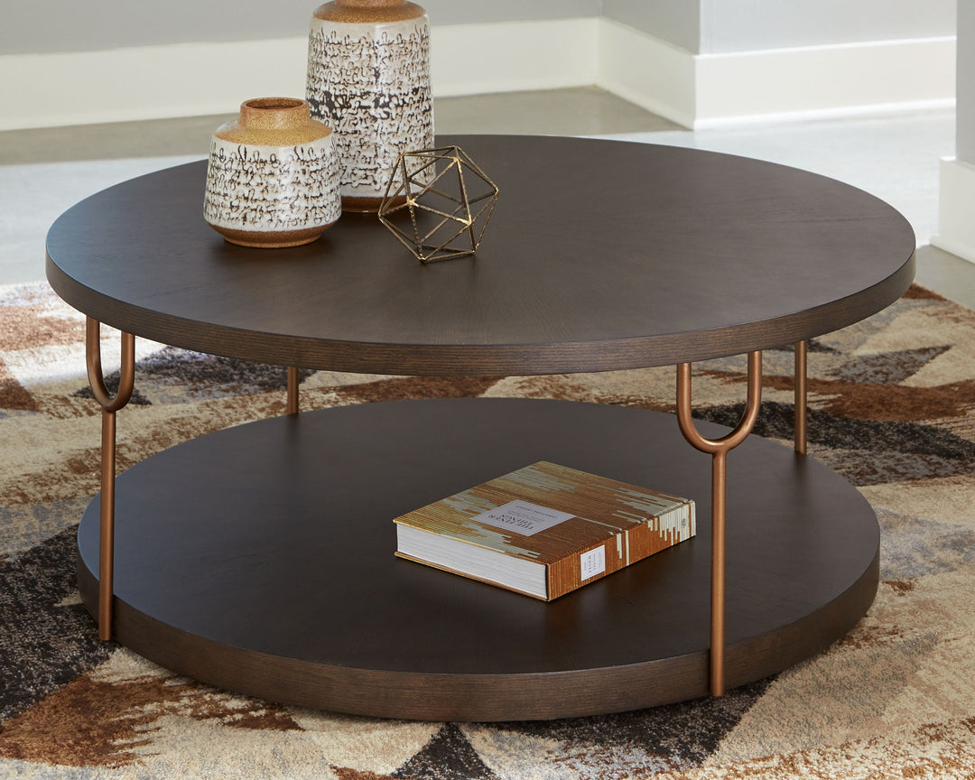 Brazburn - Round Cocktail Table - Dark Brown / Gold Finish