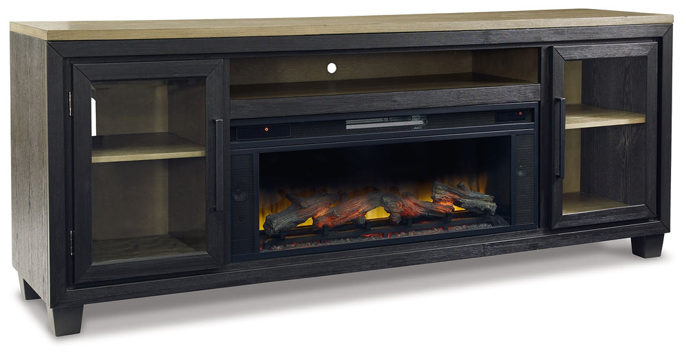 Foyland - 83" TV Stand With Electric Infrared Fireplace Insert - Black / Brown - Roberts Furniture & Mattress (Yorktown, VA)