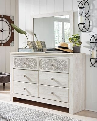 Paxberry - Dresser, Mirror - Medallion Drawer Pulls - Whitewash - Roberts Furniture & Mattress (Yorktown, VA)