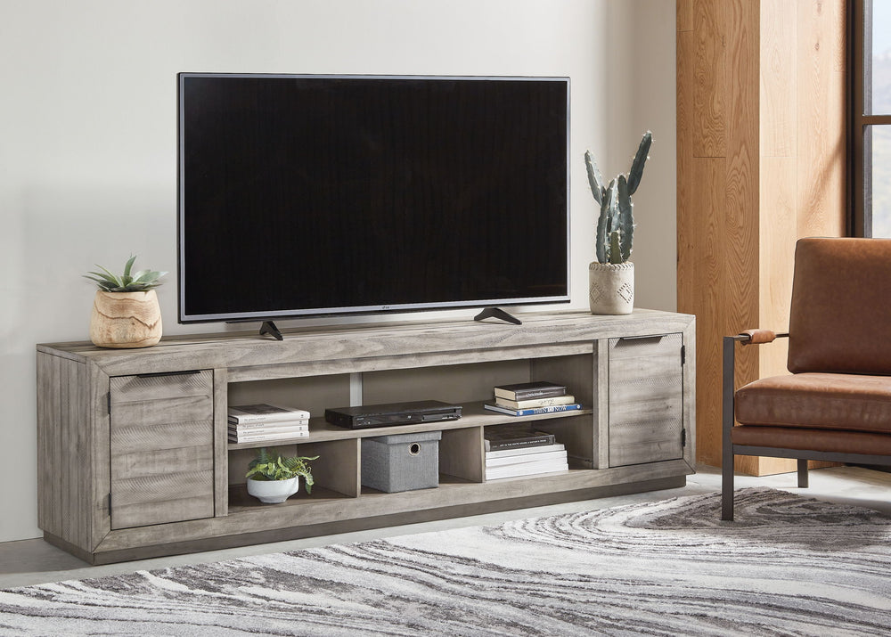 Naydell - 92" TV Stand with Wide Fireplace Insert - Gray - Roberts Furniture & Mattress (Yorktown, VA)