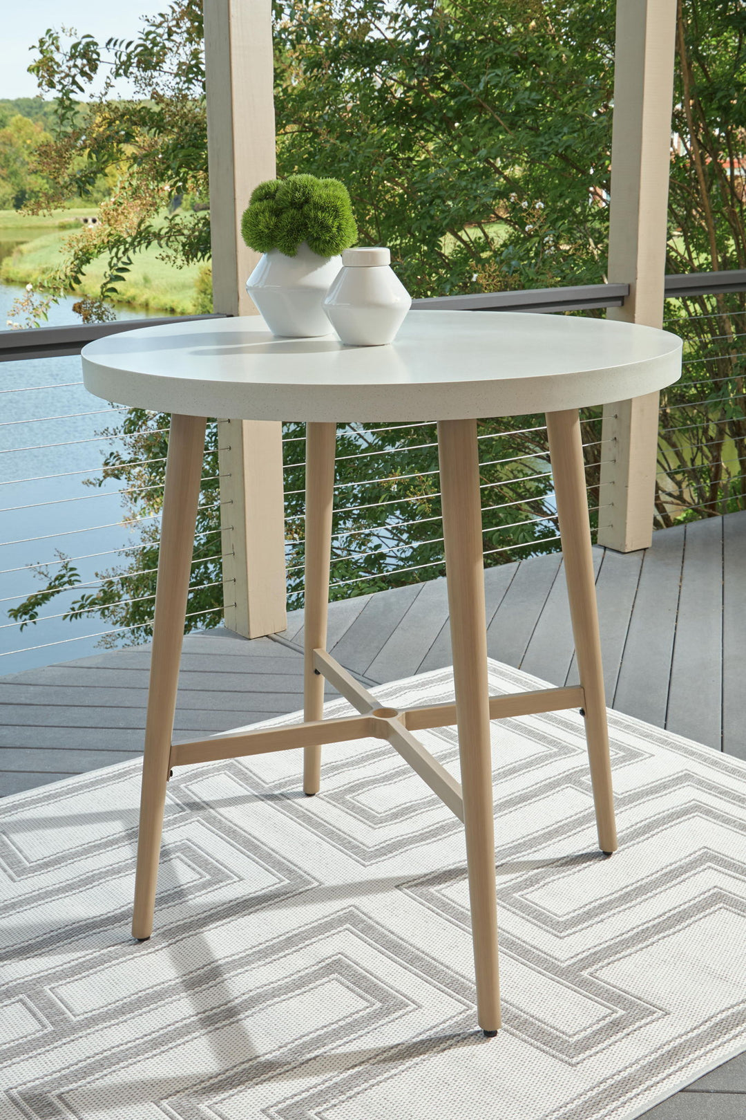 Seton Creek - Round Bar Table With Umbrella Option - Beige - Roberts Furniture & Mattress (Yorktown, VA)