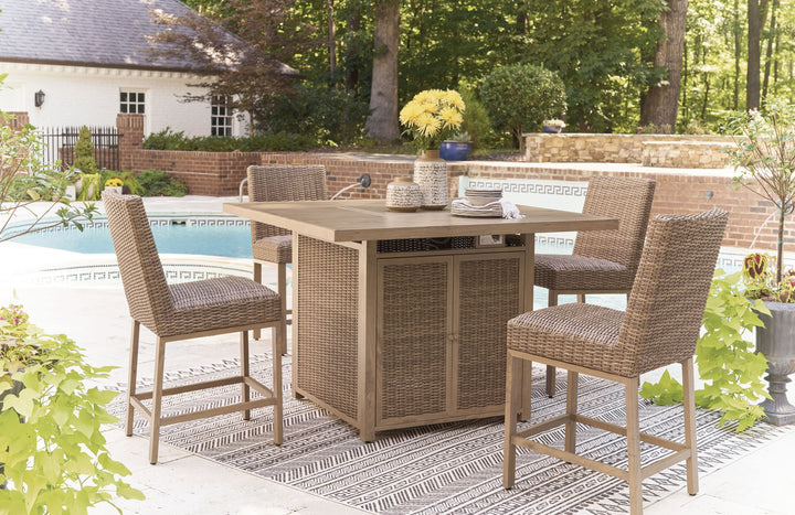 Walton Bridge - 5 Pc. - Square Bar Table W/Fire Pit, 4 Barstools - Driftwood - Roberts Furniture & Mattress (Yorktown, VA)