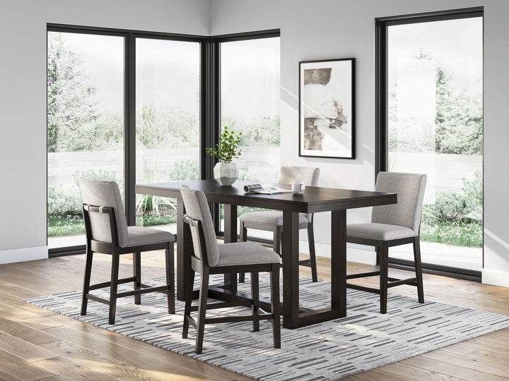 Neymorton - 5 Pc. - Rectangular Dining Room Counter Table, 4 Barstools - Dark Grayish Brown - Roberts Furniture & Mattress (Yorktown, VA)