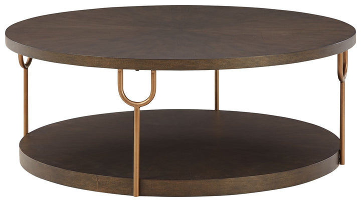 Brazburn - Round Cocktail Table - Dark Brown / Gold Finish