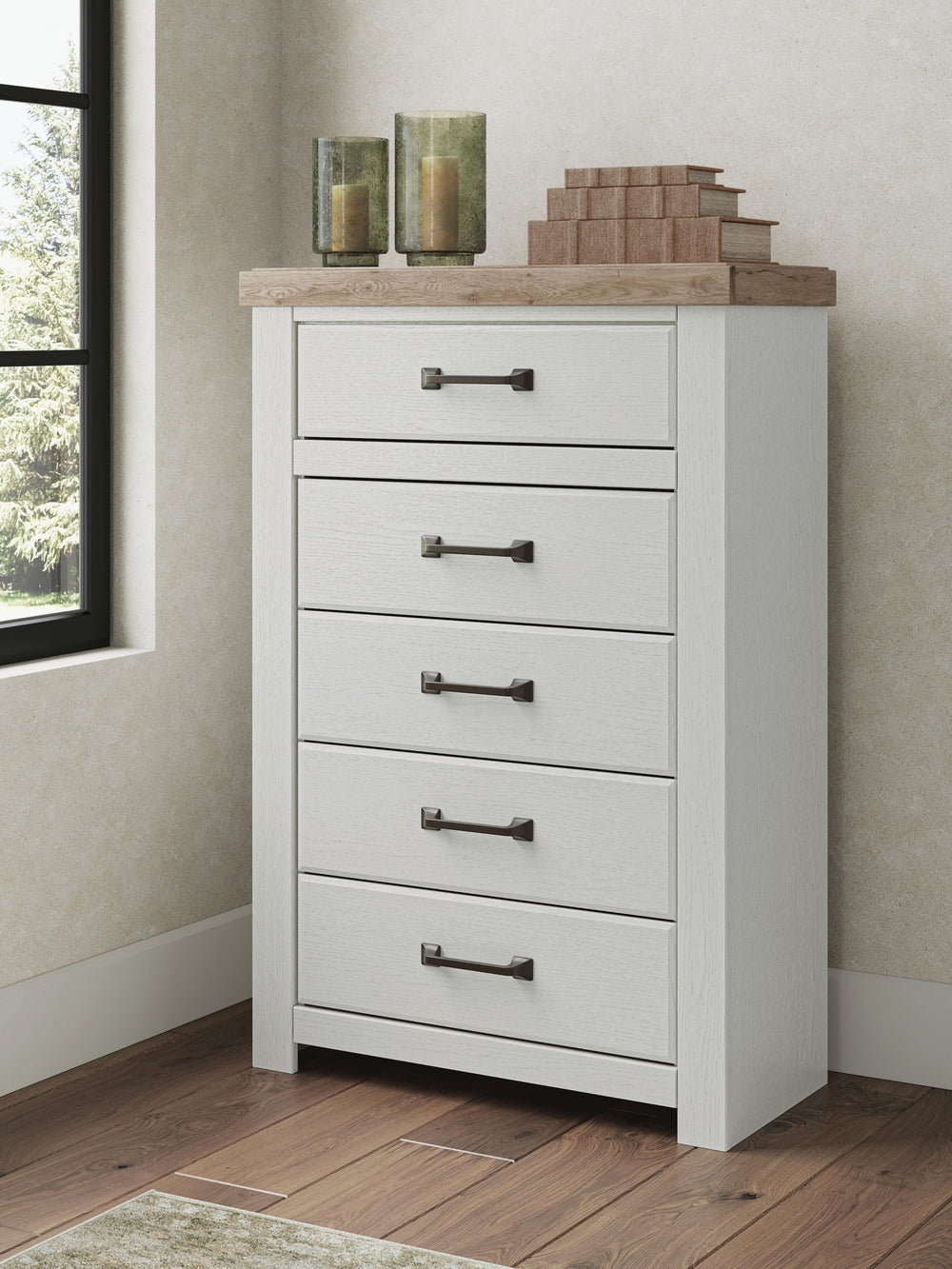 Savonport - Five Drawer Chest - White / Brown - Roberts Furniture & Mattress (Yorktown, VA)