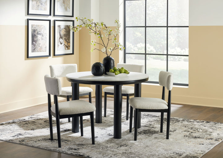 Xandrum - 5 Pc. - Round Dining Room Table, 4 Side Chairs - White / Black