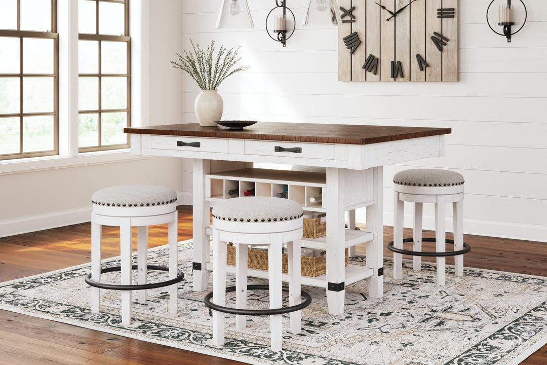 Valebeck - 5 Pc. - Counter Table With Wine Rack, 4 Swivel Stools - White / Brown - Roberts Furniture & Mattress (Yorktown, VA)