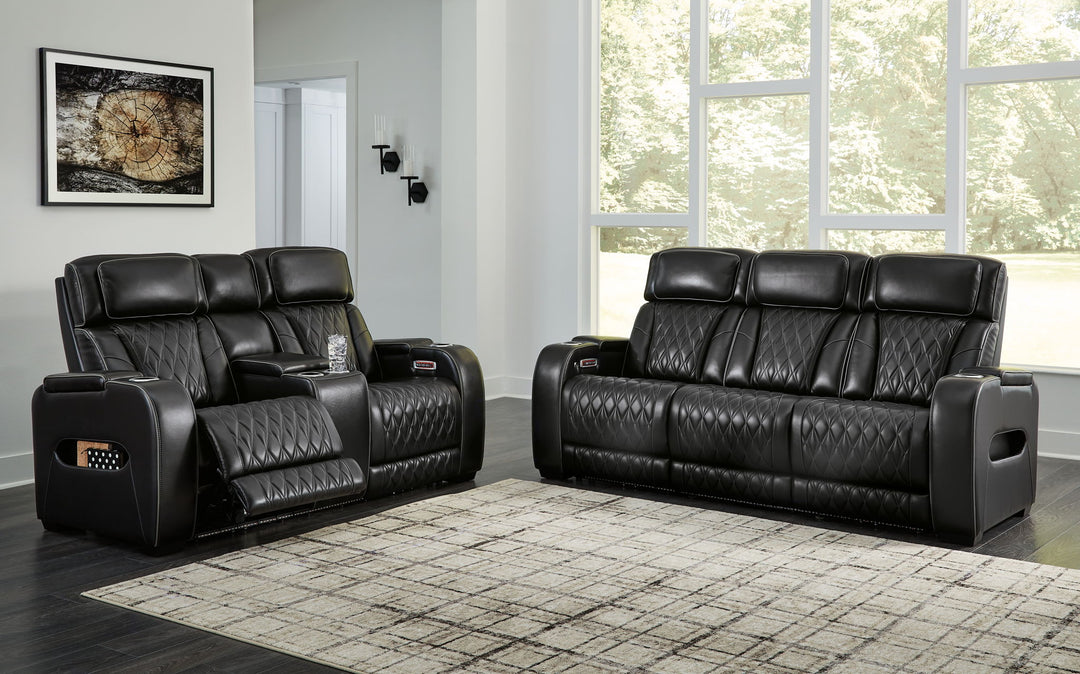 Boyington - 2 Pc. - Power Reclining Sofa And Loveseat - Black - Roberts Furniture & Mattress (Yorktown, VA)
