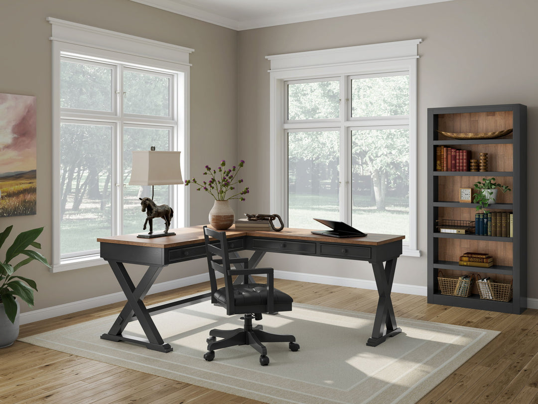 Wildenauer - 4 Pc. - Home Office Desk And Return, Swivel Desk Chair, Bookcase - Brown / Black - Roberts Furniture & Mattress (Yorktown, VA)
