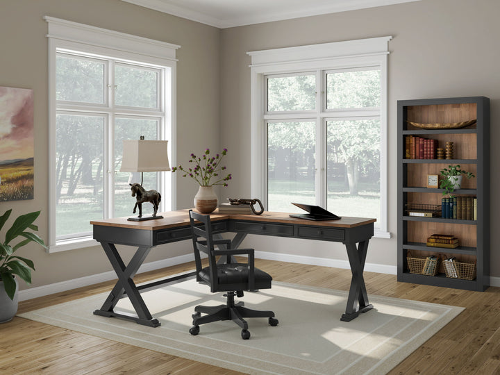 Wildenauer - 4 Pc. - Home Office Desk And Return, Swivel Desk Chair, Bookcase - Brown / Black - Roberts Furniture & Mattress (Yorktown, VA)