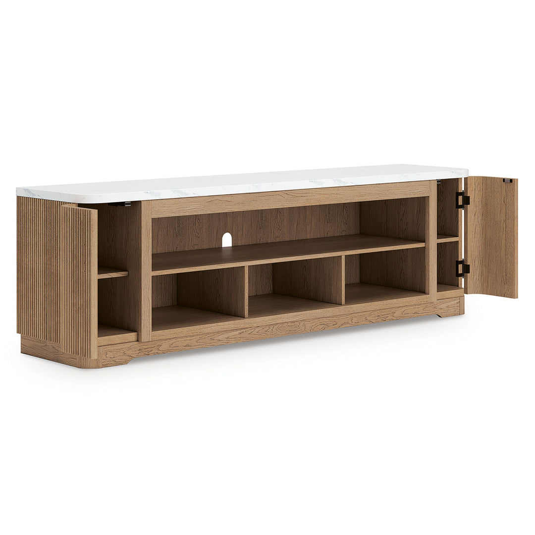 Camdill - XL TV Stand With Fireplace Option - Light Brown - Roberts Furniture & Mattress (Yorktown, VA)