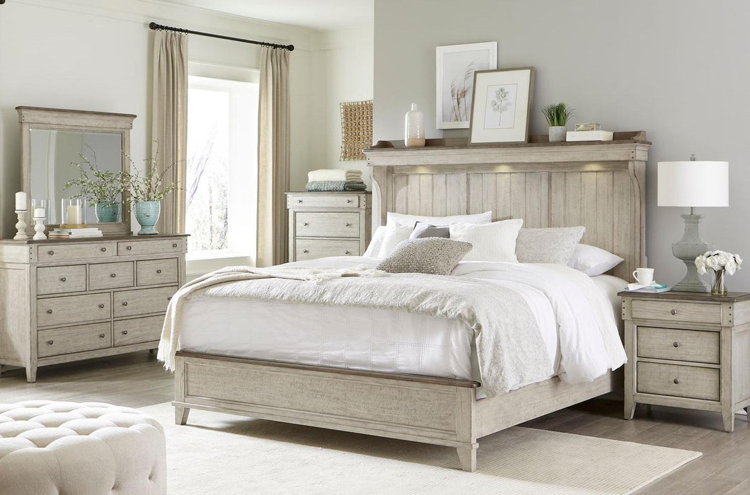 Liberty Furniture Ivy Hollow Queen Mantle Bed in Weathered Linen - Roberts Furniture & Mattress (Yorktown, VA)