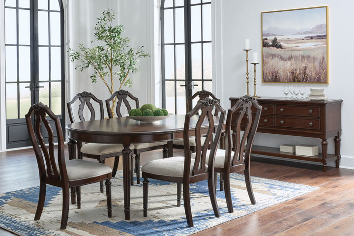 Lavinton - 8 Pc. - Dining Room Extension Table, 6 Side Chairs, Server - Brown - Roberts Furniture & Mattress (Yorktown, VA)