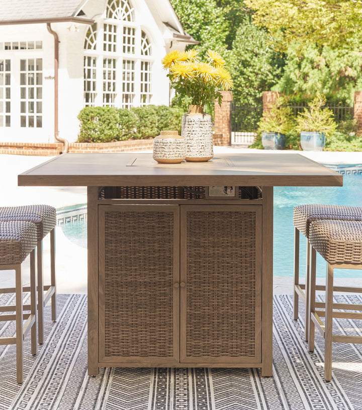 Walton Bridge - 5 Pc. - Square Bar Table W/Fire Pit, 4 Barstools - Driftwood - Roberts Furniture & Mattress (Yorktown, VA)