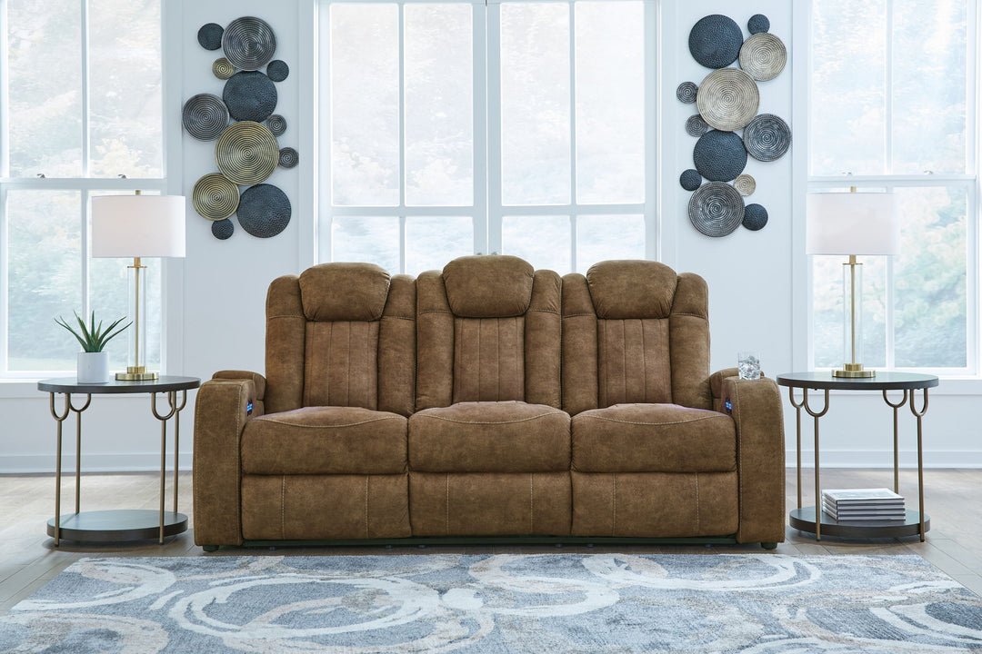 Wolfridge - 2 Pc. - Power Reclining Sofa, Power Reclining Loveseat With Console - Brindle - Roberts Furniture & Mattress (Yorktown, VA)
