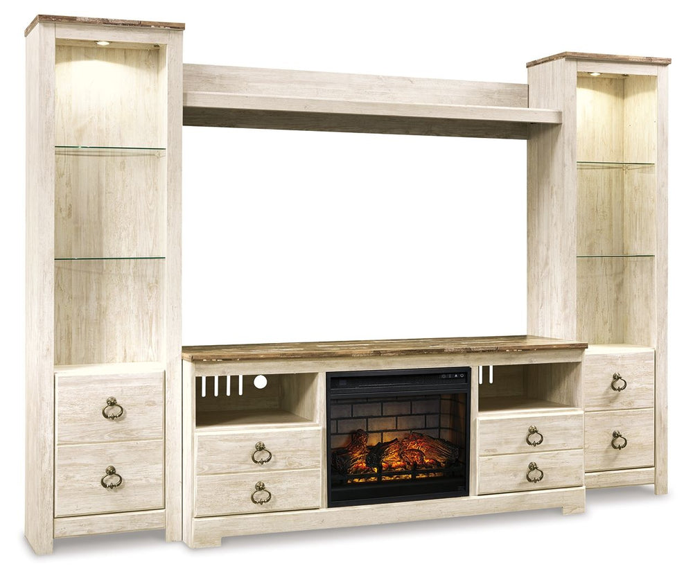 Willowton - Entertainment Center - TV Stand With Faux Firebrick Fireplace Insert - Whitewash - Roberts Furniture & Mattress (Yorktown, VA)
