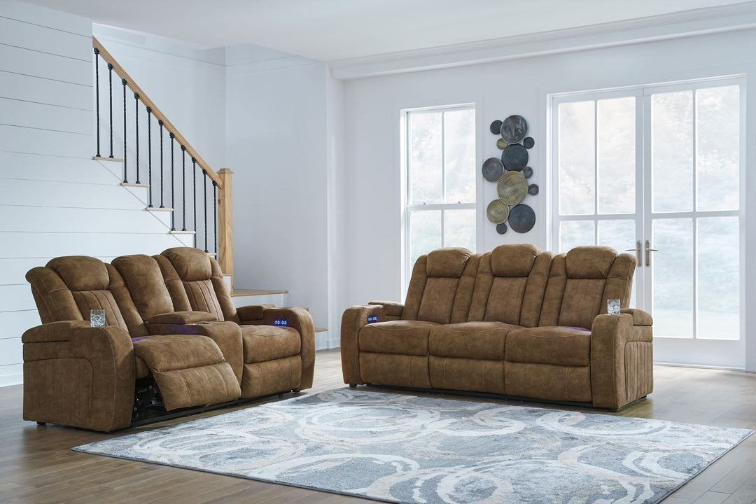 Wolfridge - 2 Pc. - Power Reclining Sofa, Power Reclining Loveseat With Console - Brindle - Roberts Furniture & Mattress (Yorktown, VA)