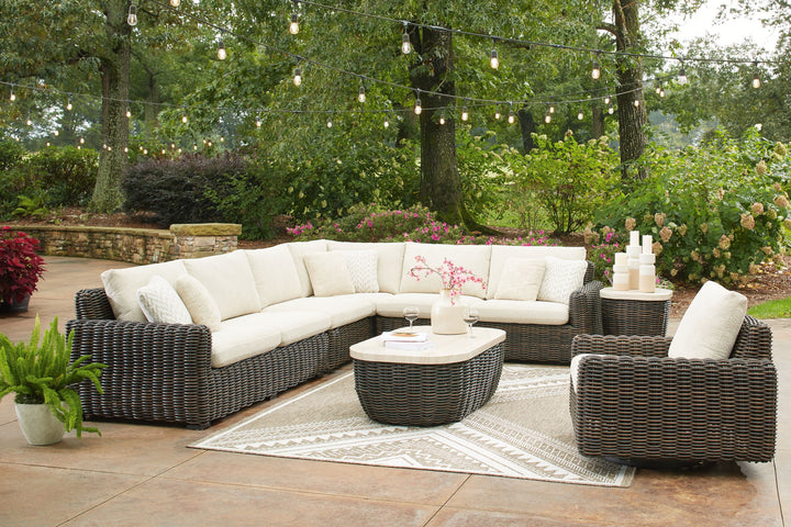 Kimora - 7 Pc. - 4-Piece Outdoor Sectional, Swivel Glider Lounge, Cocktail Table, End Table - Beige / Dark Brown - Roberts Furniture & Mattress (Yorktown, VA)