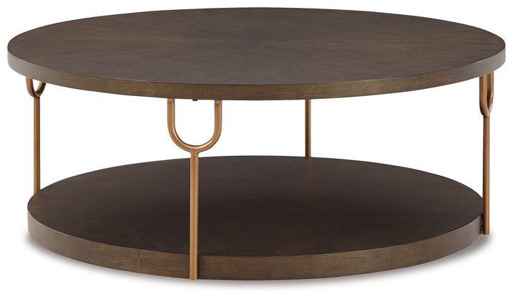 Brazburn - Round Cocktail Table - Dark Brown / Gold Finish
