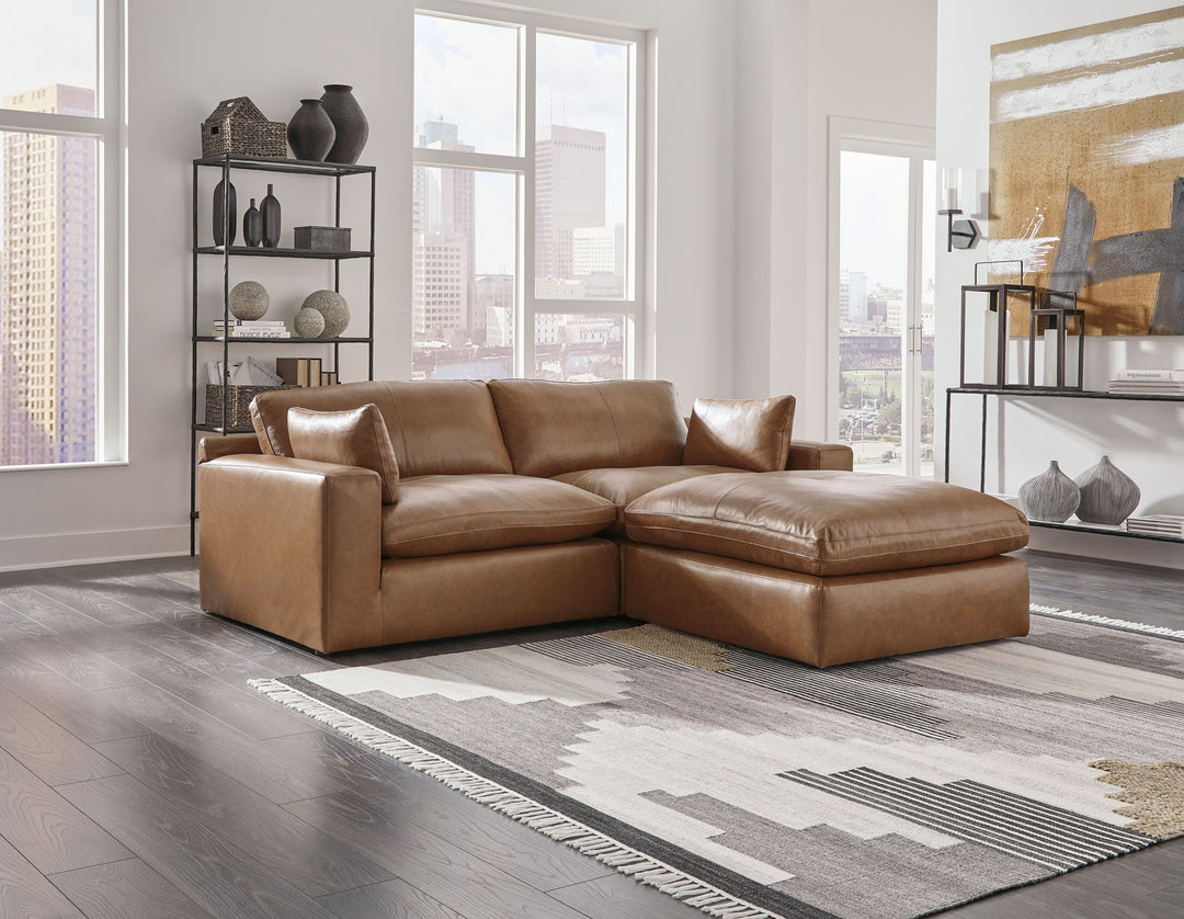 Emilia - 3 Pc. - 2-Piece Sectional Loveseat, Ottoman - Caramel - Roberts Furniture & Mattress (Yorktown, VA)