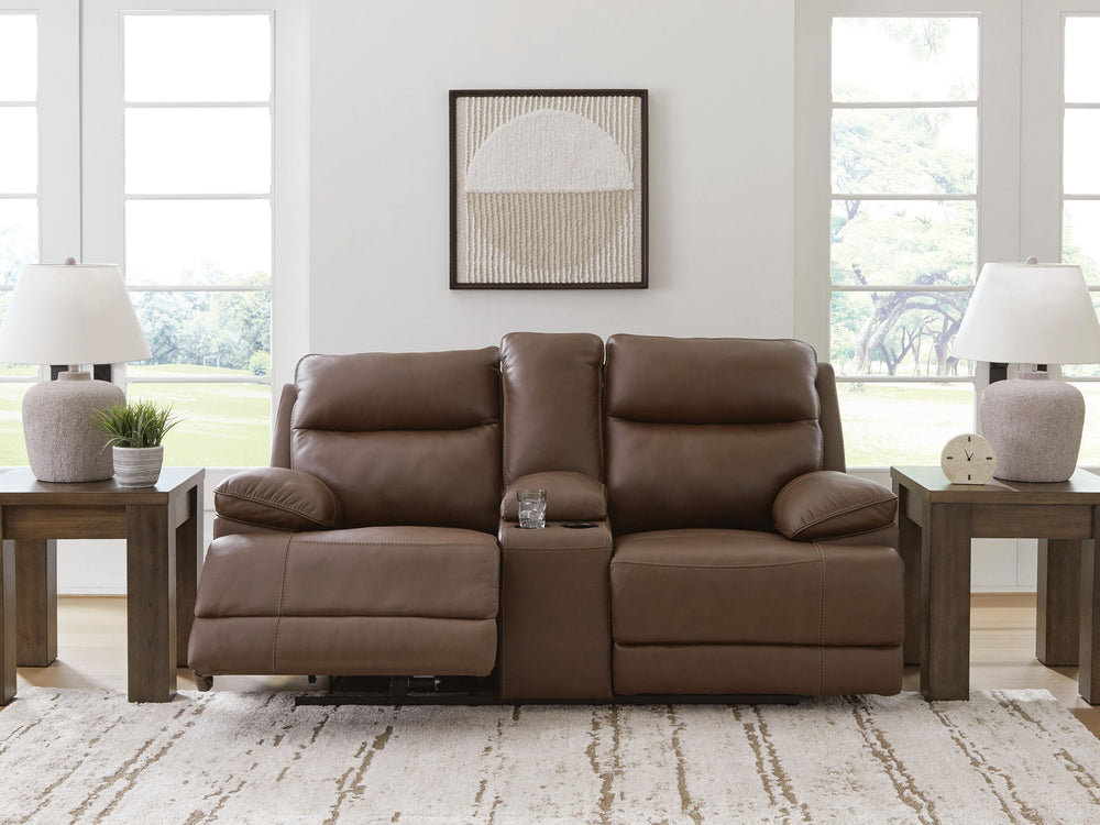 Vonryan - Power Reclining Loveseat With Console / Adj Headrest - Tobacco - Roberts Furniture & Mattress (Yorktown, VA)