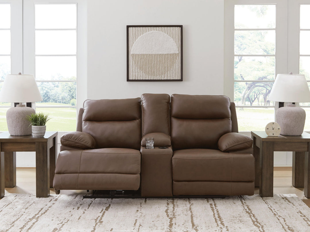 Vonryan - Power Reclining Loveseat With Console / Adj Headrest - Tobacco - Roberts Furniture & Mattress (Yorktown, VA)