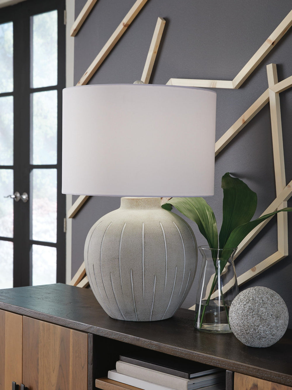 Calbert - Poly Table Lamp - Warm Gray - Roberts Furniture & Mattress (Yorktown, VA)