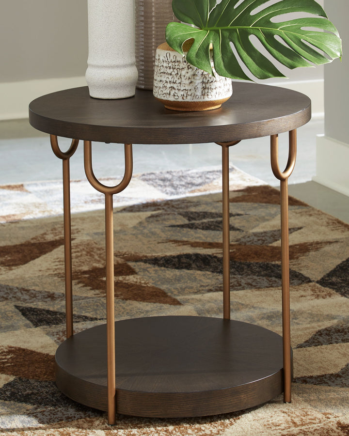 Brazburn - Round End Table - Dark Brown / Gold Finish