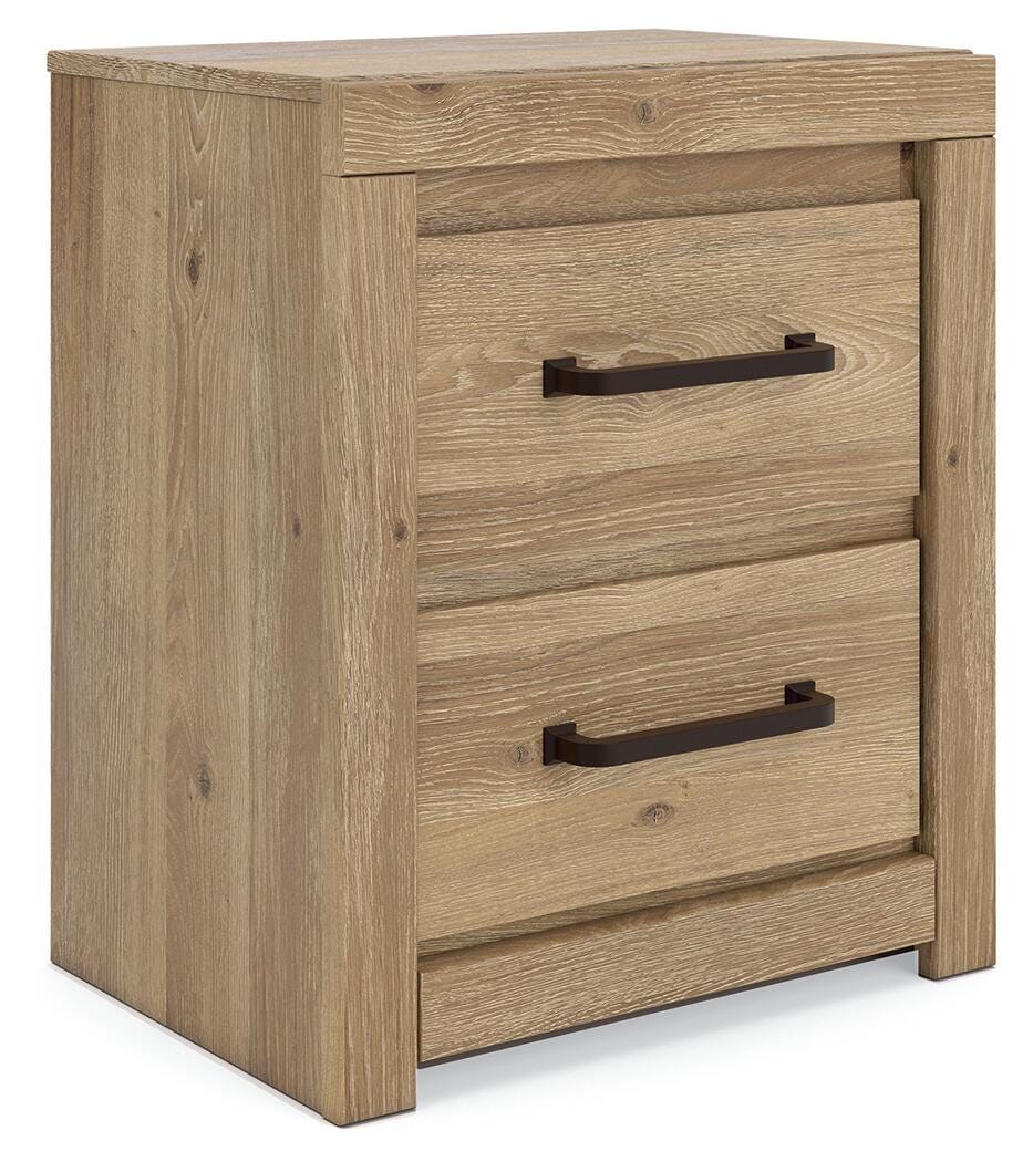 Brozmont - Two Drawer Night Stand - Tan - Roberts Furniture & Mattress (Yorktown, VA)