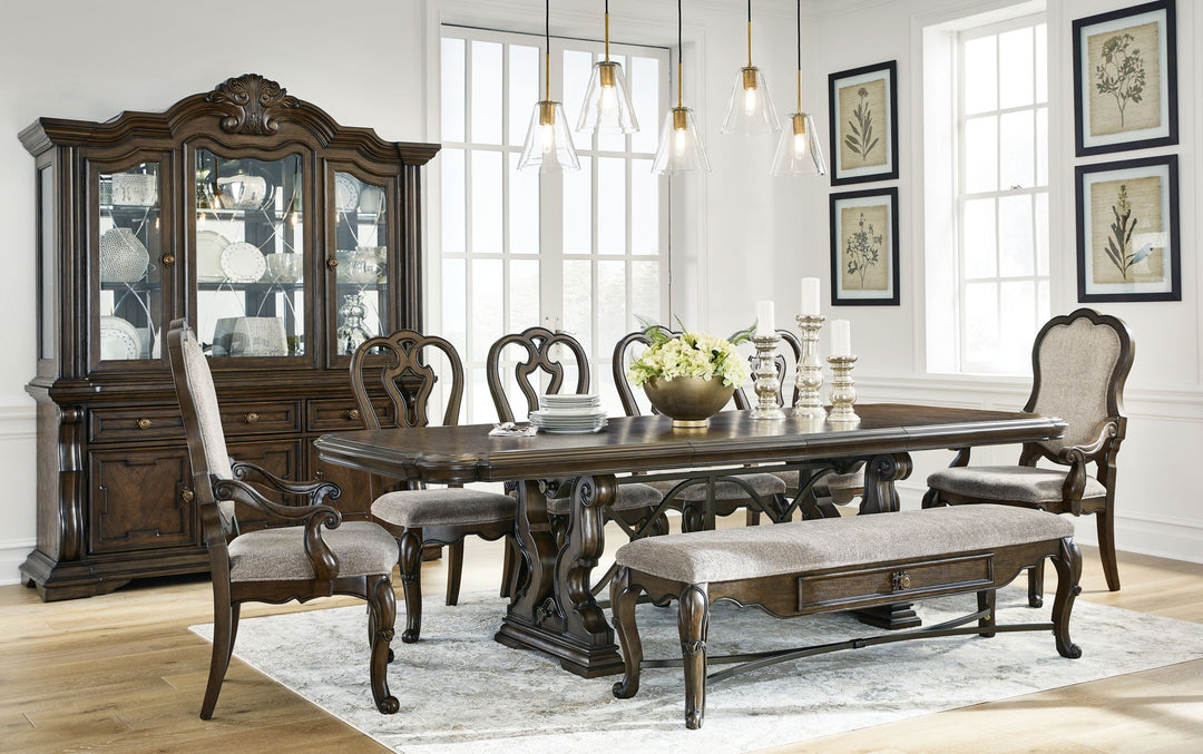 Maylee - 11 Pc. - Dining Extension Table, 4 Side Chairs, 2 Arm Chairs, Storage Bench, Buffet And Hutch - Dark Brown - Roberts Furniture & Mattress (Yorktown, VA)